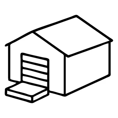 Single story warehouse building in isometric view with loading dock and roll-up door sticker