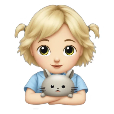 bébé fille blonde décoiffée aux yeux bleus avec une peluche Totoro  sticker