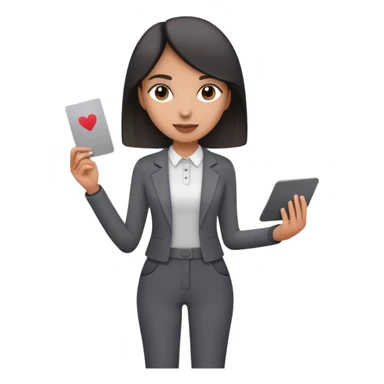 Woman in dark grey trousers holding a card in one hand sticker