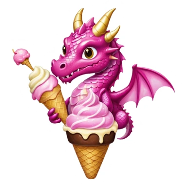 A dragon in pink tones with its wings, pink and golden legs, and shiny glitter, eats a vanilla and chocolate ice cream. sticker