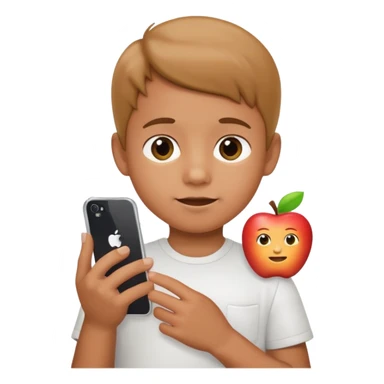 little kid with phone wearing a white shirt, apple style emoji sticker
