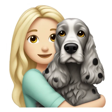 pretty blonde hair white girl is hugging a grey with black spots cocker spaniel sticker