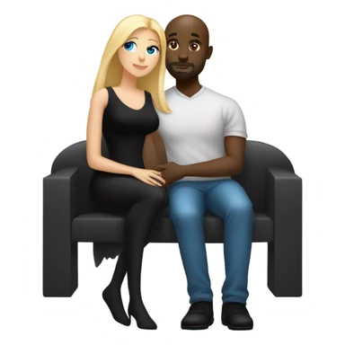 Blonde woman with blue eyes and long straight hair wearing a short black dress and a black man who is bald with a goatee seated together on a sofa enjoying a loving kiss.   sticker