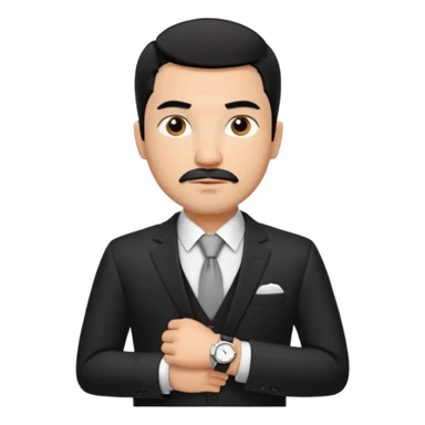 Roupa: terno preto moderno e bem ajustado, com camisa social branca sem gravata (para dar um ar mais contemporâneo), cinto de couro preto e relógio prateado. Tom de pele: médio quente
Cabelos: curtos e bem penteados PRETOS
Rosto: com bigode e cavanhaque leve, expressão firme e confiante. PRETOS sticker