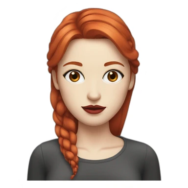 straight red hair,red lipstick,black eyes, white skin and a small nose sticker