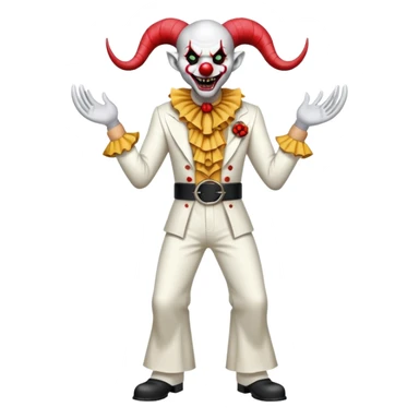 full-body demonic clown in a white leisure suit with bellbottom pants, bald, with black ram horns, flashy belt, ruffled shirt, no neck tie, large fangs in mouth sticker