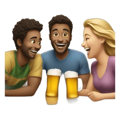 3 people laughing around a table with 2 beers on it sticker