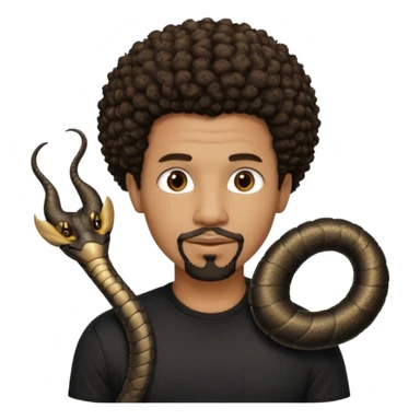 Homme noir, yeux marron avec un bouc sans la moustache, cheveux court et bouclé crépus avec un dégradé sur le côté, avec un cobra à côté , t-shirt noir  sticker