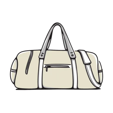 A sports duffel bag with straps and pockets in pastel colors (dd9fb0, ffc6d3, a3bfc9, c4bee2, f1b091), hand-drawn doodle style sticker