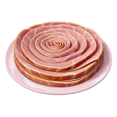 cooked ham, thin folded slices, pale pink, smooth edges, glossy moist, natural curve, gentle folds, white fat marbling, uniform delicate color, no bread, plate, packaging, or faces, clean 3D, soft shadows, transparent background, emoji scale sticker
