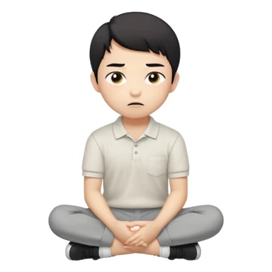 A cartoon young Asian boy with short black hair, light beige skin, and large expressive eyes, wearing a white polo shirt, gray pants, and black shoes. He sits cross-legged on the ground, one fist resting on his cheek, with a closed-mouth smirk. Clean lines, flat colors, solid black background. sticker