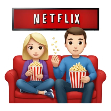 Crea un emoji dove un uomo e una donna mangiano i pop corn su un divano e guardano la tv, nella tv ci deve essere scritto netflix sticker