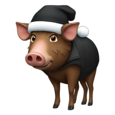 a wild tired brown boar in a black jacket and a black winter hat sticker