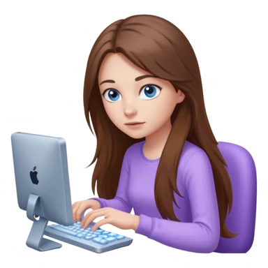 beautiful girl with long brown hair, blue eyes and wearing light purple clothes playing computer games sticker