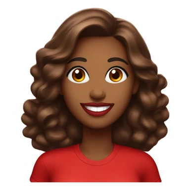 brown lady smiling, medium brown long wavy hair, bright red lips, eyelashes, wearing red “happy Valentine’s Day” t shirt sticker