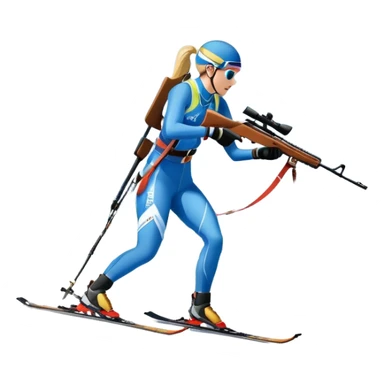 An icon featuring snow-covered trees, distant mountains, and a clear blue sky with a biathlete in motion, holding a rifle and skiing across a snowy course. Transparent background highlights the precision, endurance, and excitement of biathlon. sticker