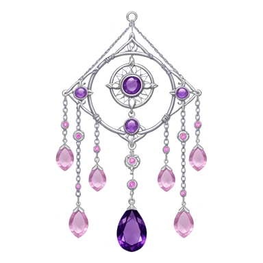 Epic Hanging silver suncatcher, chains and threads with shiny sparkly amethyst and rose-quartz gemstones,  sticker
