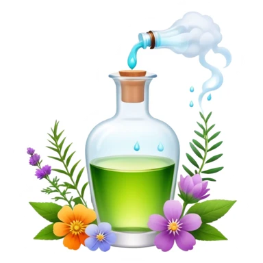 Perfume making icon, delicate glass bottle being filled with colorful essential oils from droppers, swirling mist rising from the bottle, flowers and herbs nearby, minimalistic style, clean lines, transparent background. sticker