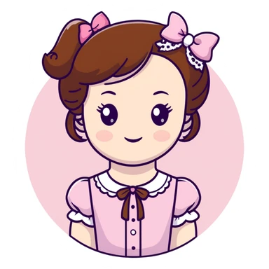 pale skin coquette girl with brown hair, pink bows, lace, pearls, dainty sticker