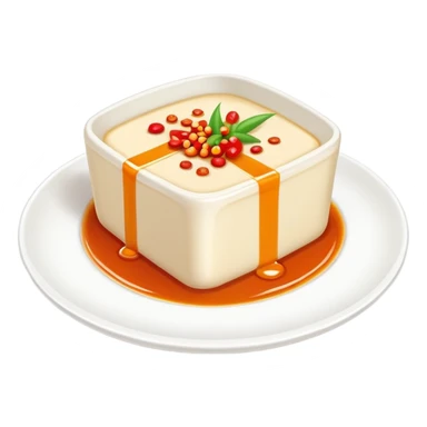 Sichuan Doufu Hua soft tofu pudding with spicy sauce, simplified emoji style with bold outlines and bright colors, cartoon style savory tofu dessert sticker
