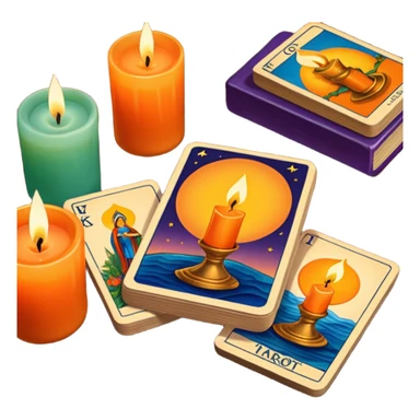 A deck of tarot cards and a candle nearby sticker