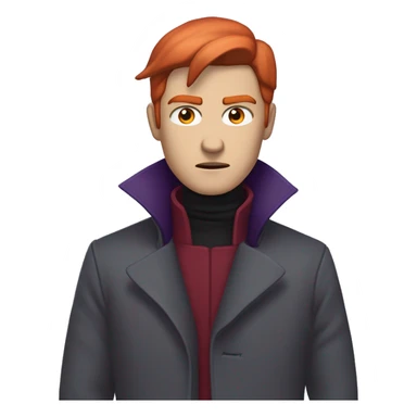 Male with pale skin, crimson red shoulder-length hair, greyish purple irises, and an angry expression. Clothing on the man is a dark greyish purple turtleneck coat with a crimson red streak going down the center of the coat. sticker