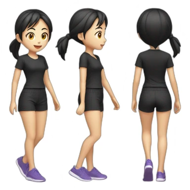 asian girl running，black shirt and shorts，full body，side view sticker