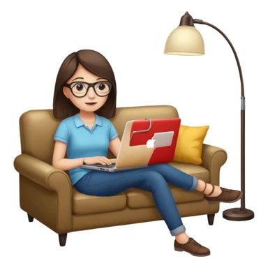 A girl is working with a laptop while lying on a sofa, with a floor lamp to the right. sticker