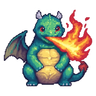 Add fire breath to the chubby dragon in pixel art style, no background, keep pixel art aesthetic and details. sticker