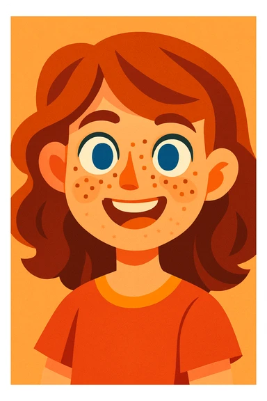 a girl with warm brown slightly wavy hair, blue eyes, and lots of freckles, vibrant cartoon style sticker