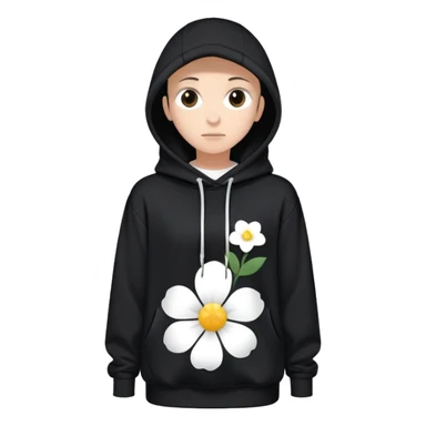 The BLACK Hoodie has a solid black base, accented with distinctive white open flower spots. Each flower has an empty space in the center, creating a hollow, ring-like appearance. These patterns are scattered across the hoodie for a bold and unique design. sticker