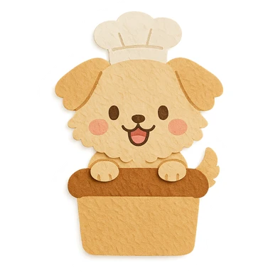 chibi bread maker-dog hybrid, fluffy, peeking from a bread loaf, cheerful, warm beige, full-body sticker