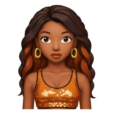 Brandy Norwood with long dark brown hair, sequin burnt orange crop top sticker