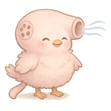 chibi hair dryer bird, soft fluffy, blowing gentle air, happy face, soft pink, full-body sticker