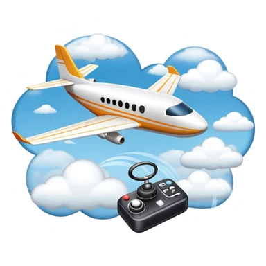 An icon featuring a remote-controlled model airplane soaring through the sky and clouds, with a detailed transmitter in the foreground. The sky is clear with motion lines showing flight. Transparent background emphasizes the precision, creativity, and joy of aeromodelling as a sport. sticker