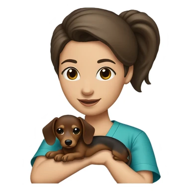 Brunette woman with a top knot wearing scrubs holding a dachshund in her arms sticker