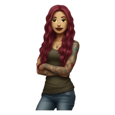 Beautiful tattooed burgundy long haired woman standing next to a car sticker