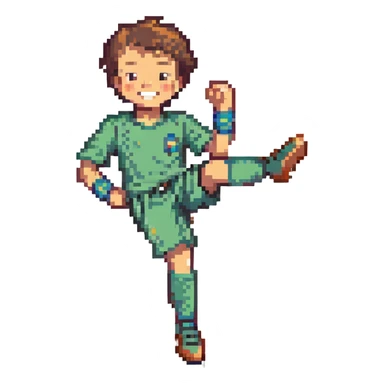smiling 9-year-old boy playing soccer, mid-kick, pixel art style sticker