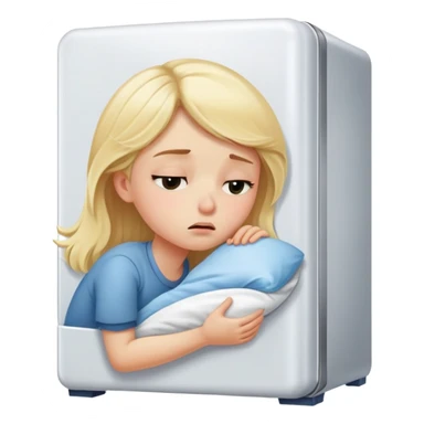 Blond girl trying to sleep next to a refrigerator  sticker