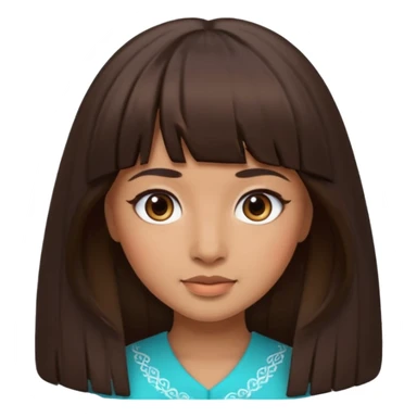In Apple Memoji format, a girl with dark brown hair. She has bangs and her hair is long. The girl has light brown skin and arab ethnic features sticker