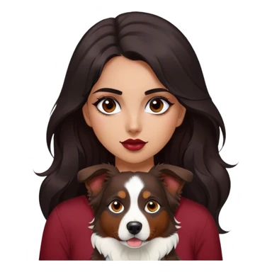One latina girl with long beautiful dark hair and dark eyes in a dark red v neck and makeup with a black brown and white tri Australian shepherd large sticker