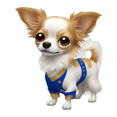 Long-haired white Chihuahua with reddish brown markings wearing royal blue pajamas sticker