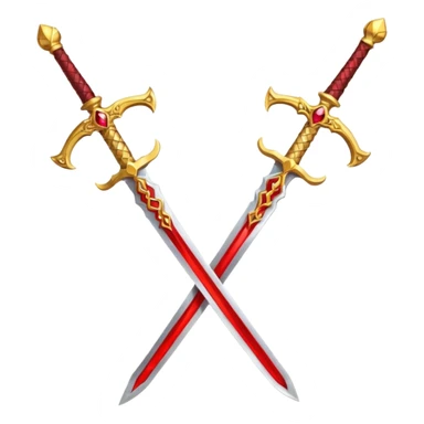 Two crossed swords that are golden in blade and handle and have fiery and royal appearence to them as well as red gem stones yellow in color sticker