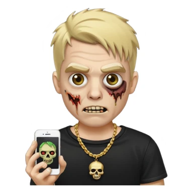 make a iphone emoji who is a zombie man with medium blonde hair with light brown roots, with a black punk shirt and a golden neckless sticker