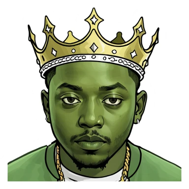 Peepo emoji of Kendrick Lamar as a king, cute face, royal crown, joyful and expressive sticker