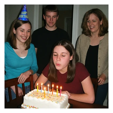 early 2000s digital camera style photograph of a birthday party, low quality, harsh flash, visible noise, candid moment, people around a cake sticker