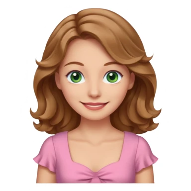 A woman has beige skin, wavy light brown hair, green-blu eyes, she wears pink dress  sticker