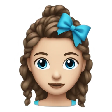 Girl with blue eyes brown hair and a messy ponytail with a black bow sticker