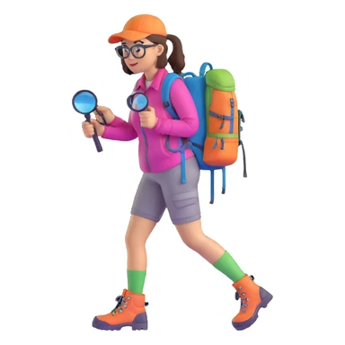 Happy energetic woman in her late 30s with glasses wearing colorful sporty outfit, hiking boots, and backpack, examining with a magnifying glass sticker