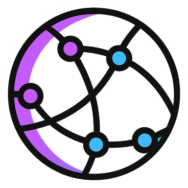 minimalist abstract icon of a global internet network, circular web of neon violet and blue lines connecting points, radiating from center, on white background, designed for clarity at small size sticker